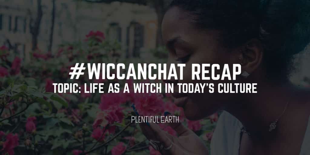 A woman connecting with spiritual nature amidst vibrant flowers with a hashtag hinting at a discussion about modern witchcraft practices and new age products.