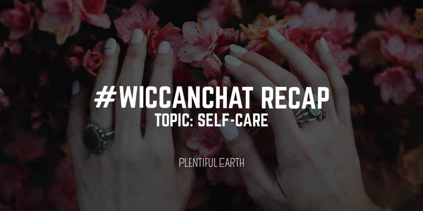 Hands adorned with rings gently holding cherry blossoms, signifying a moment of self-care and connection with nature, highlighted by the hashtag #wiccanchat recap on the witchy topic.