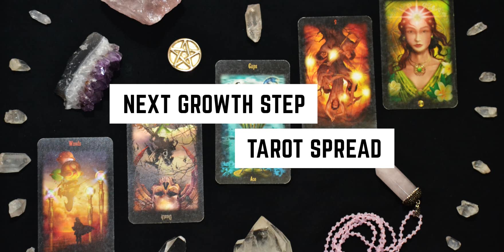 Embark on a journey of self-discovery with the next growth step tarot spread, surrounded by mystical crystals and illuminating insights in this spiritual experience.