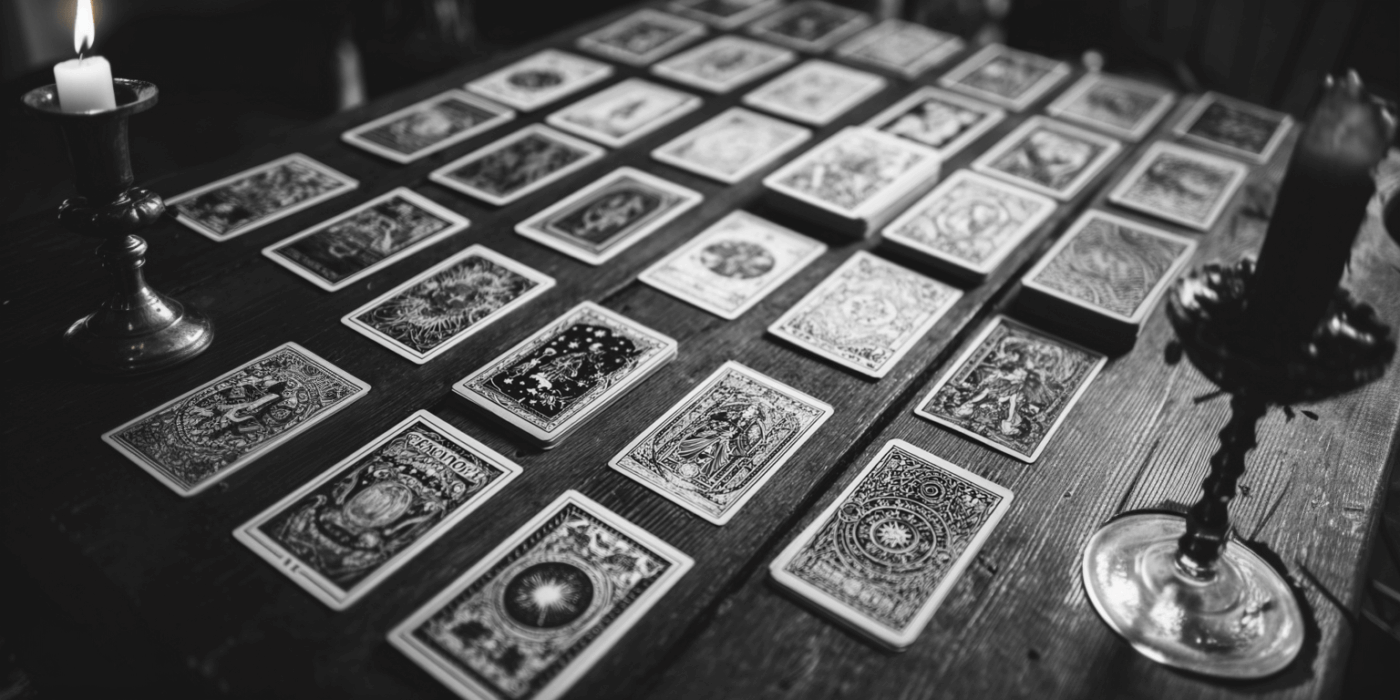 Tarot cards arranged on a table.