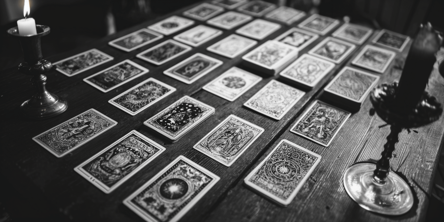 Tarot cards arranged on a table.