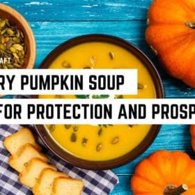 A vibrant bowl of pumpkin soup accompanied by seeds and fresh pumpkins, paired with a whimsical touch: "kitchen witchcraft – savory pumpkin soup for protection and prosperity," now available as a new