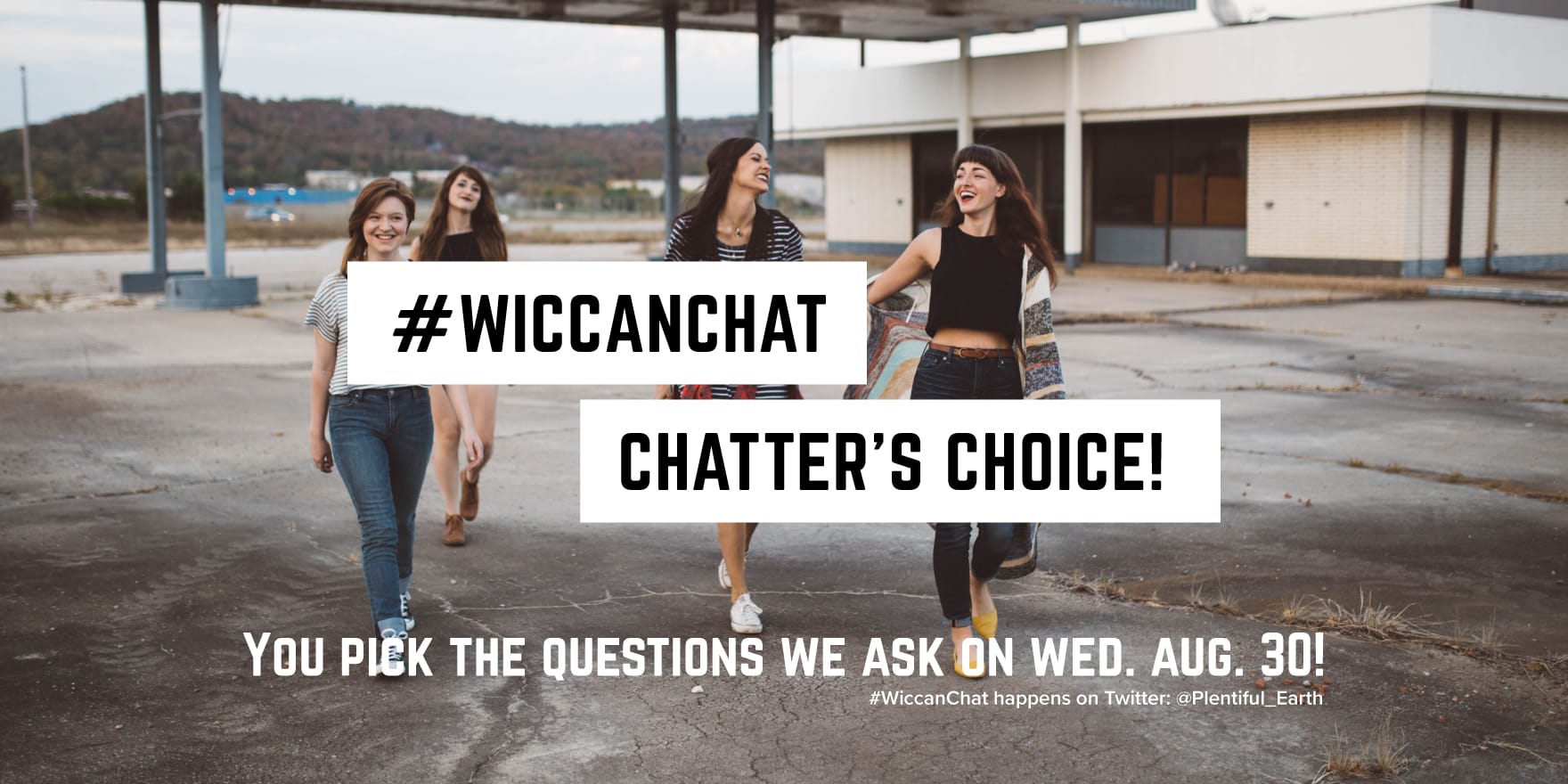 Friends joyfully walking together, engaging in an occult-themed discussion on social media under the hashtag #wiccachat.
