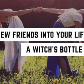 The Witch’s Friendship Bottle Spell 66 Two friends joyfully holding hands in a field of sunflowers, celebrating their spiritual connection with nature.