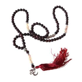 Om, Red Garnet, Rutilated Quartz Mala Beads