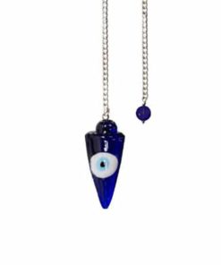 blue glass pendulum with a white and light blue eyeball