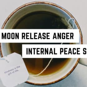 New Moon Internal Peace Spell 62 A cup of tea with an inspirational tag line, embodying tranquility and emotional release, on a minimalist background, evokes a spiritual aura.