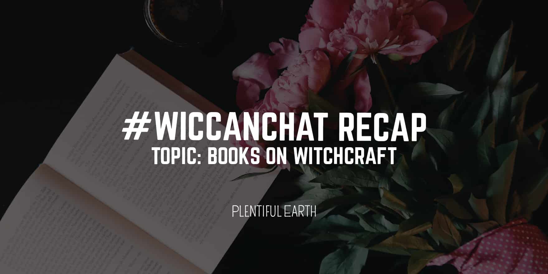 An open book surrounded by flowers and a cup of coffee, featuring a social media recap on the topic of "books on witchcraft", categorized as an exploration into the occult.