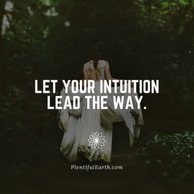 Magical Witch Quotes for Empowerment, Wisdom & Inspiration 33 A serene moment in nature: a woman in white, with hands covering her eyes, symbolizes inner guidance accompanied by the inspiring words "let your intuition lead the way." - plentifulearth