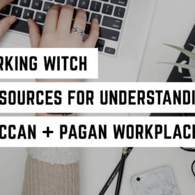 A modern professional setting with a touch of greenery, where someone is typing on a laptop near a succulent plant, alongside a message about empowering witchy and pagan practitioners with knowledge of their workplace rights