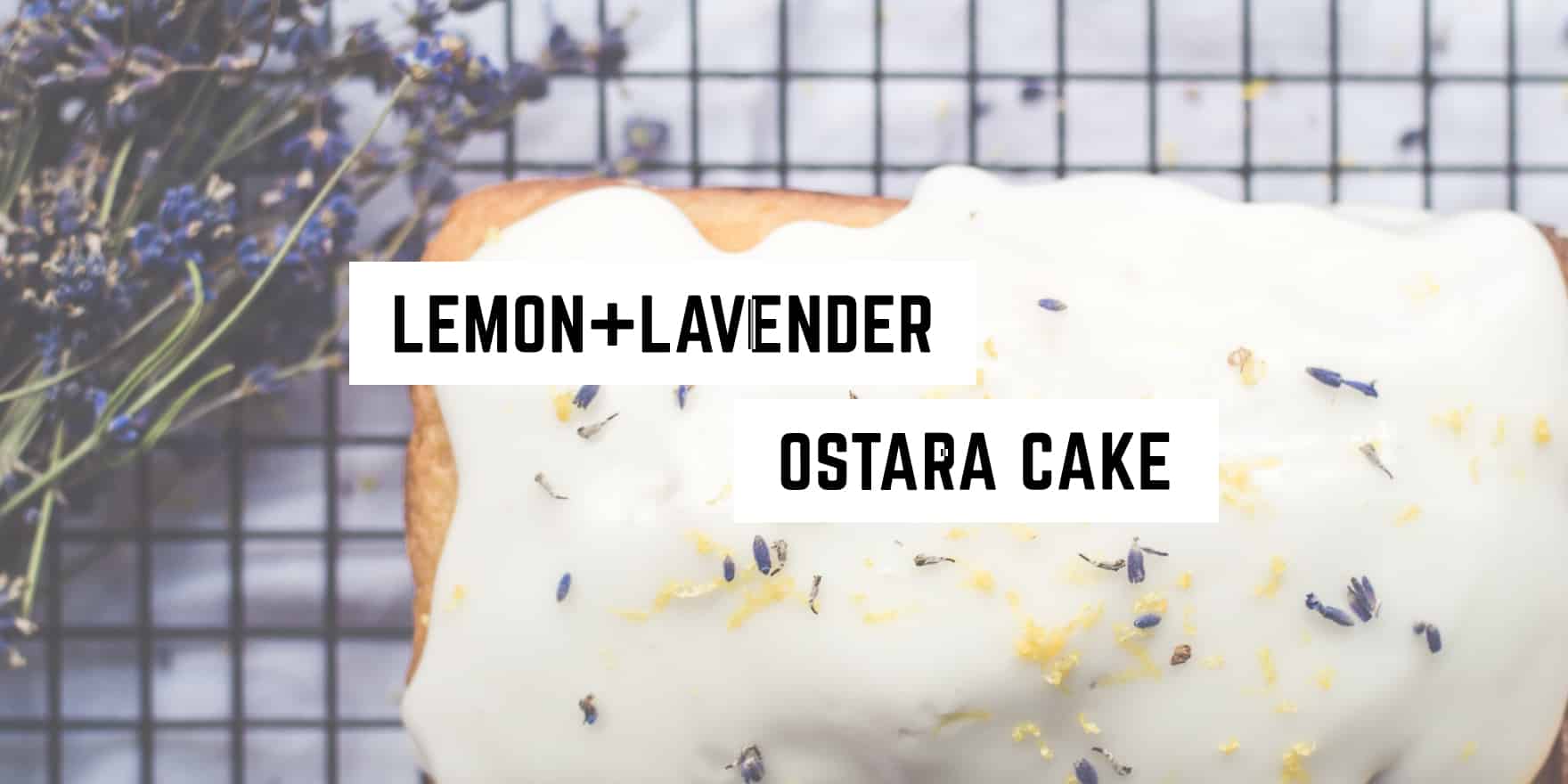 A freshly baked lemon loaf cake with white icing and lavender garnish, labeled as "lemon + lavender ostara cake," is a spiritual new age product designed to delight the senses.
