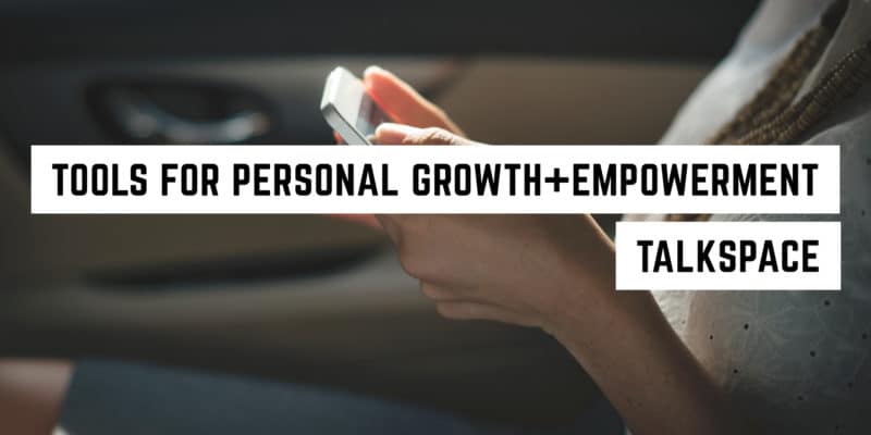 Talkspace Is Revolutionizing The Therapy Industry 6 A person holding a smartphone with text overlay "tools for personal growth + empowerment - metaphysical shop" indicating the use of mobile technology for self-improvement and personal empowerment through new age products.