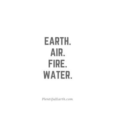 Magical Witch Quotes for Empowerment, Wisdom & Inspiration 31 Elemental words: earth, air, fire, water - the spiritual forces of nature listed on a minimalistic, serene background.