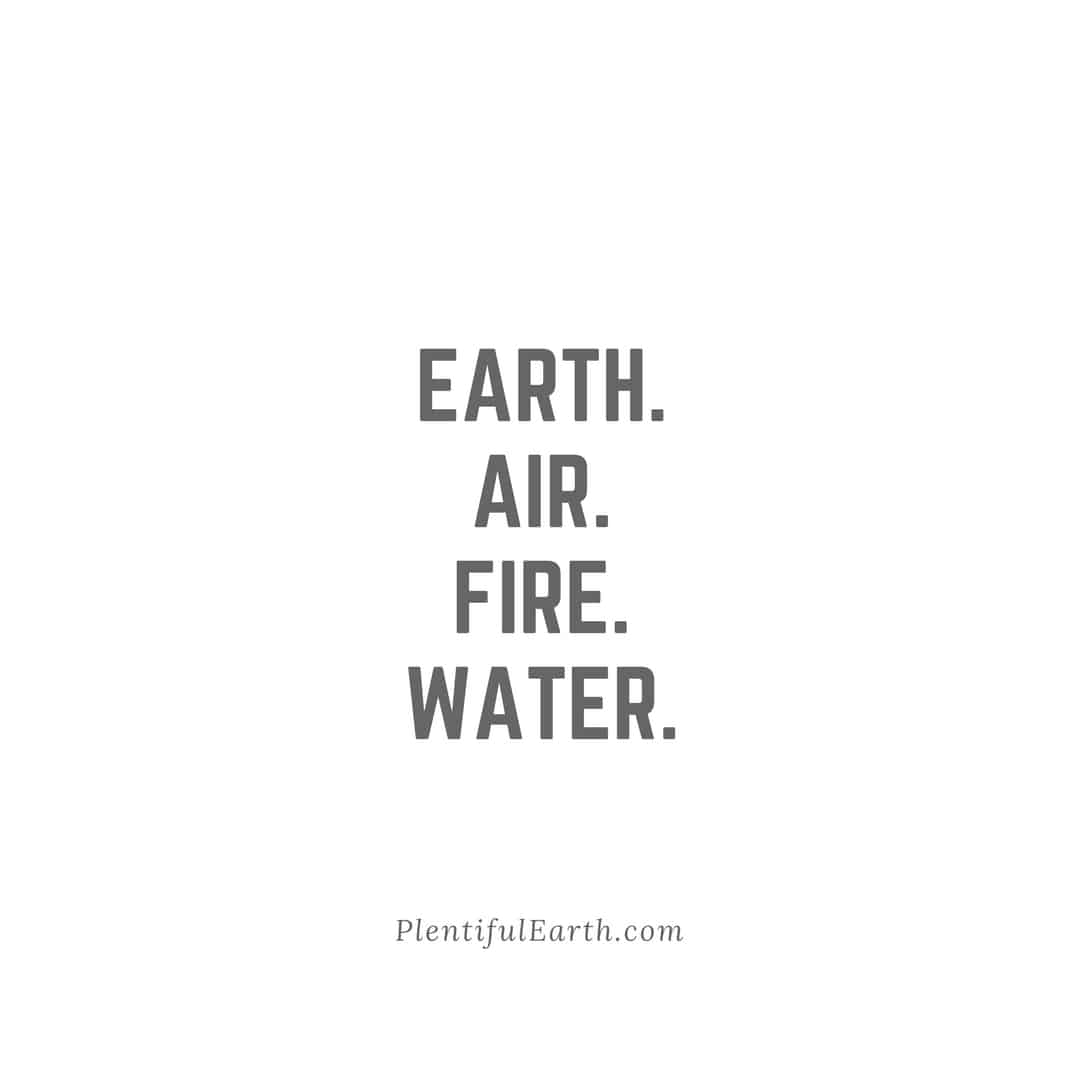 Elemental words: earth, air, fire, water - the spiritual forces of nature listed on a minimalistic, serene background.