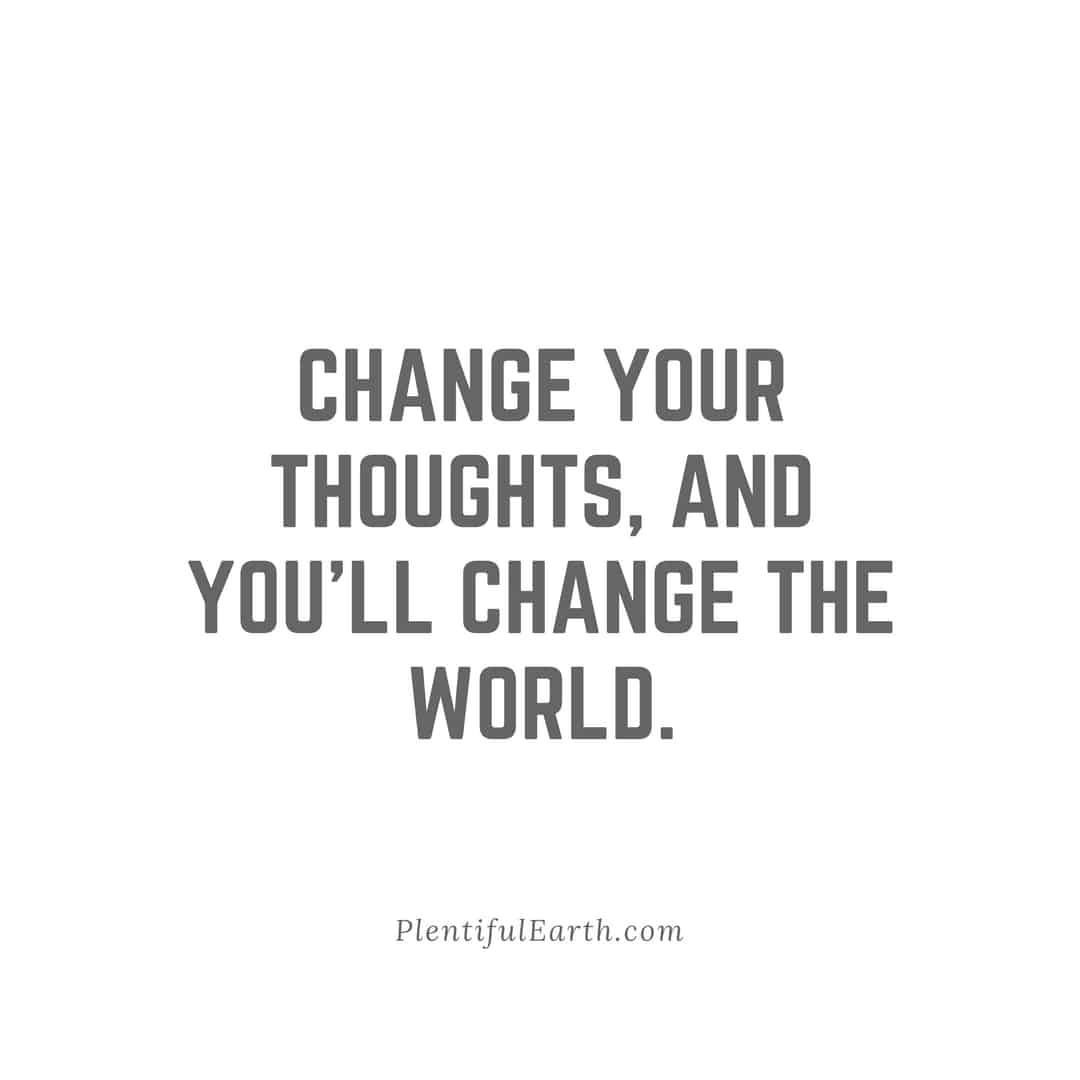 An inspirational quote on a white background, perfect for any spiritual or metaphysical shop: 'Change your thoughts, and you'll change the world.' - plentifulearth.com.