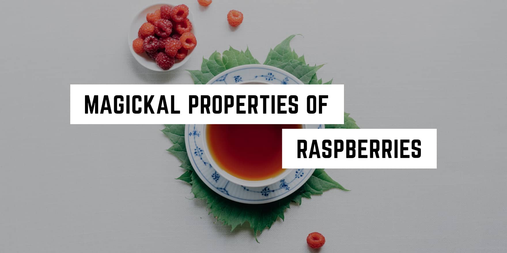 A cup of tea surrounded by fresh raspberries and leaves with text overlay "spiritual properties of raspberries" at a metaphysical shop.