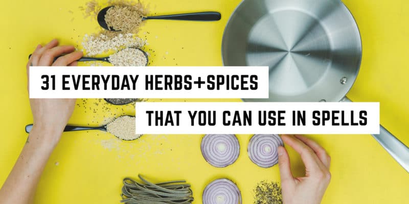 31 Everyday Herbs and Spices that You can use in Spells 39 A creative blend of cooking and magic: kitchen ingredients transformed into enchanting components for spellcraft with a spiritual touch on a vibrant yellow background.