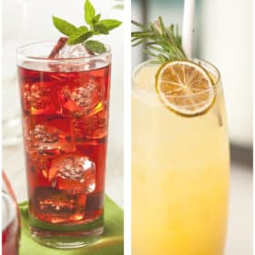 4 Iced Potions that will Literally Change Your Life 57 A collage showcasing a variety of refreshing iced drinks garnished with herbs and citrus slices, perfect for a metaphysical shop.