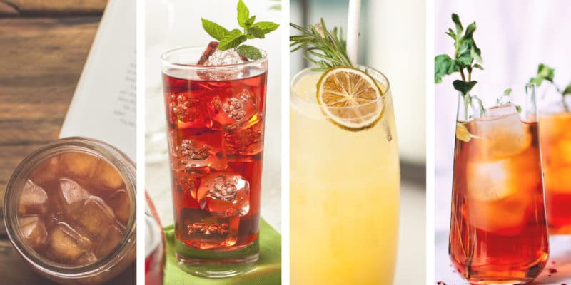 4 Iced Potions that will Literally Change Your Life 31 A collage showcasing a variety of refreshing iced drinks garnished with herbs and citrus slices, perfect for a metaphysical shop.