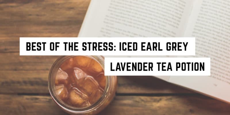Best of the Stress: Iced Earl Grey Lavender Tea Potion Recipe 16 A tranquil reading break in a metaphysical shop with a refreshing iced earl grey lavender tea potion on the side, exuding spiritual comfort.