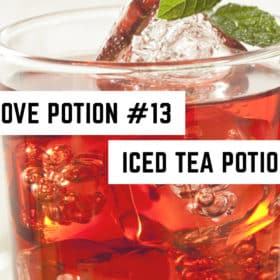 A refreshing glass of iced tea humorously labeled as "love potion #9" - a whimsical, witchy twist on a classic beverage.