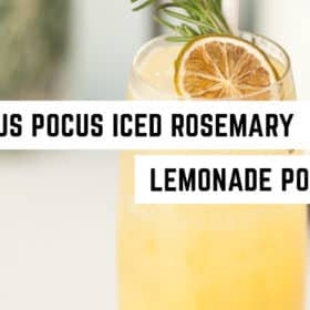 A refreshing glass of rosemary-infused lemonade garnished with a sprig of rosemary and a slice of lemon, playfully dubbed as a "focus pocus iced rosemary lemonade