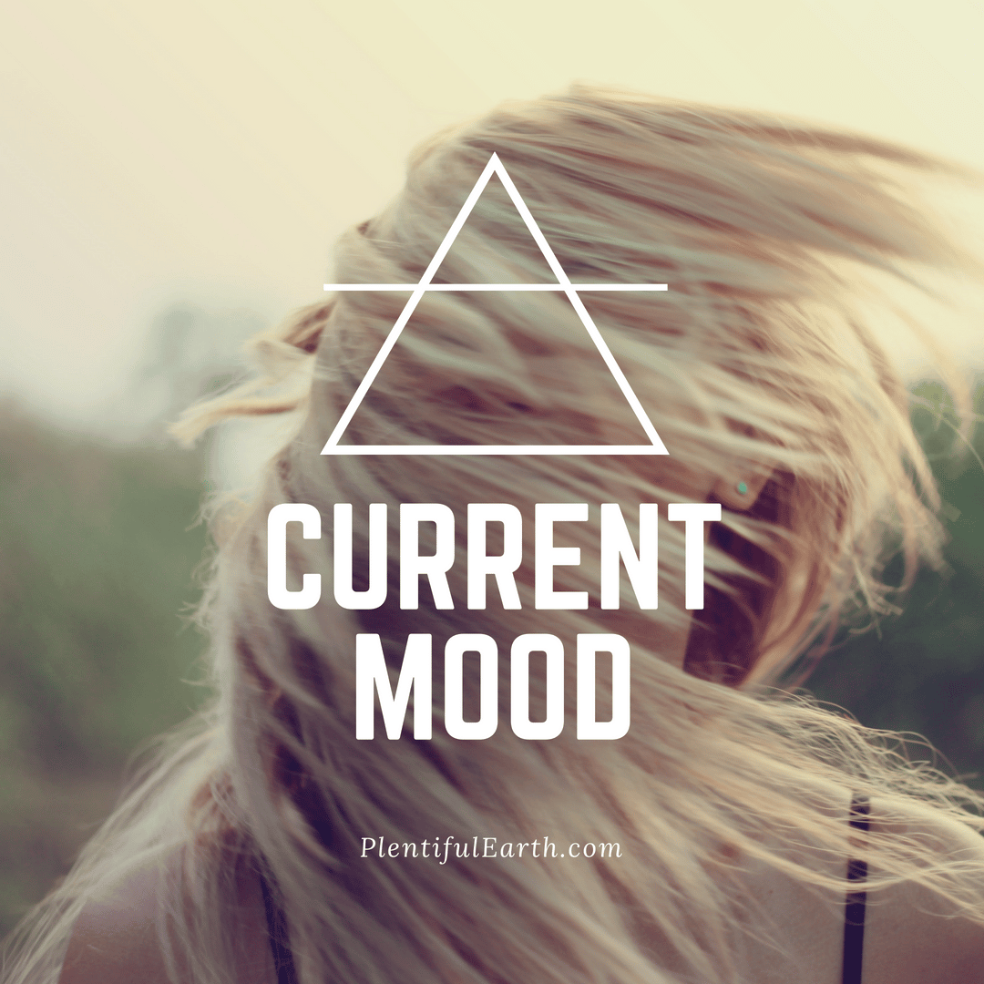 A woman's windswept hair with a contemplative vibe, overlaid with the text "current mood" inside a triangle, hinting at introspection or a witchy mood.