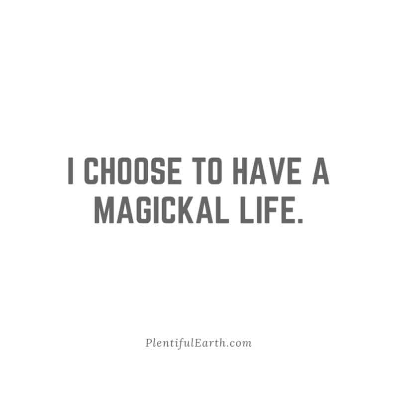The image displays a witchy positive affirmation in simple black text on a white background that reads: "i choose to have a magickal life." - plentifulearth.com.