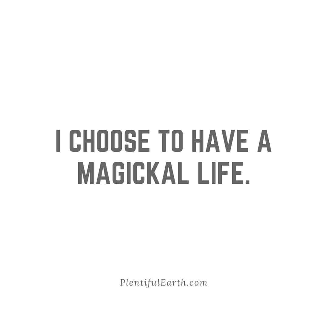The image displays a witchy positive affirmation in simple black text on a white background that reads: "i choose to have a magickal life." - plentifulearth.com.