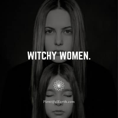 Magical Witch Quotes for Empowerment, Wisdom & Inspiration 47 Two women with serious expressions on a dark background, the image exudes a mysterious and enigmatic vibe with the caption "occult witchy women" from plentifulearth.com.