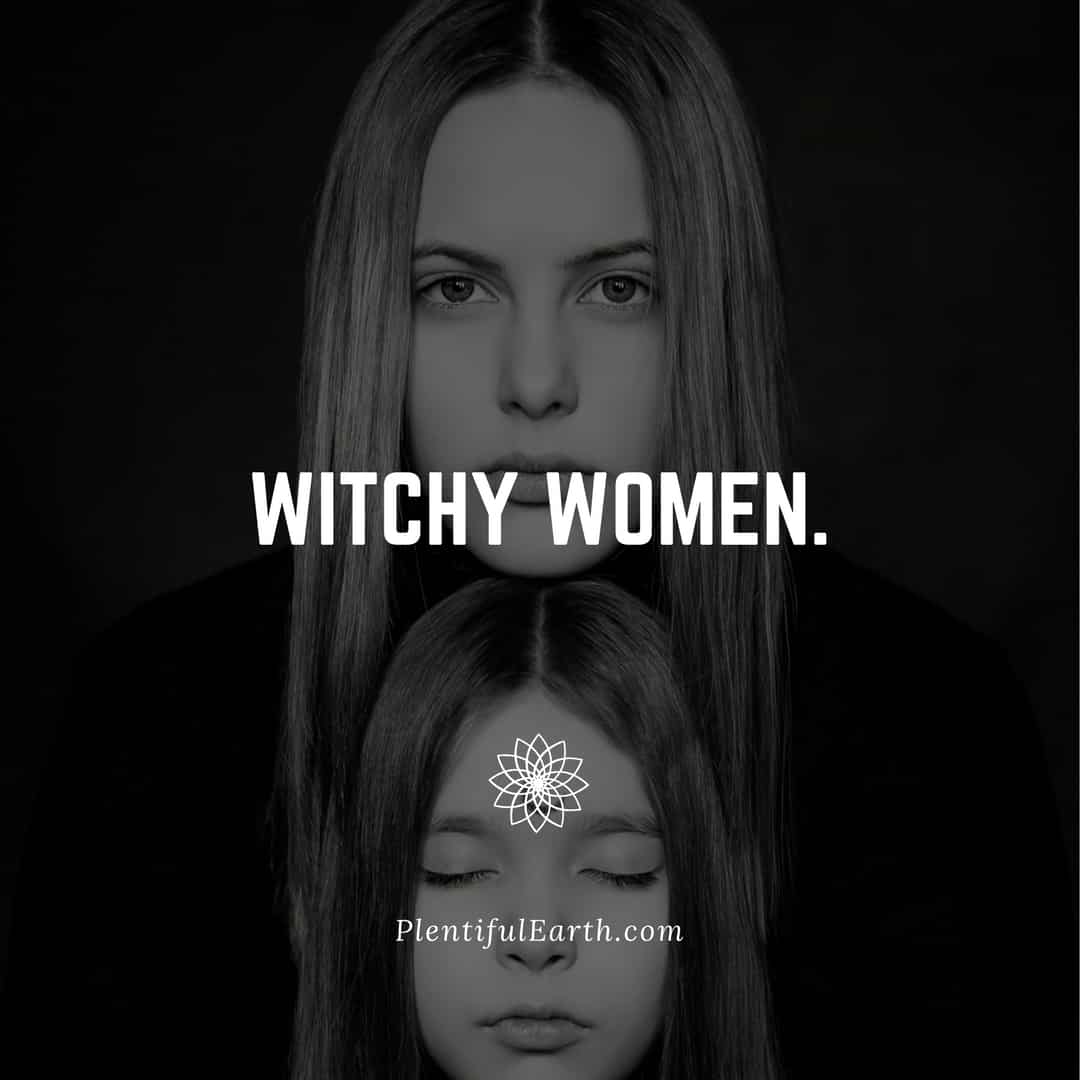 Two women with serious expressions on a dark background, the image exudes a mysterious and enigmatic vibe with the caption "occult witchy women" from plentifulearth.com.