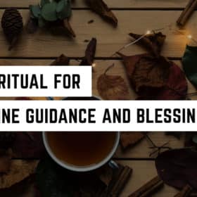 Easy Lammas Ritual for Divine Guidance and Blessings 55 Rustic autumnal setting with warm fairy lights, pine cones, and leaves surrounding a cup of tea, with text overlay "spiritual lammas ritual for divine guidance and blessings (easy).