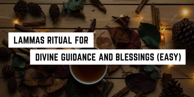 Easy Lammas Ritual for Divine Guidance and Blessings 7 Rustic autumnal setting with warm fairy lights, pine cones, and leaves surrounding a cup of tea, with text overlay "spiritual lammas ritual for divine guidance and blessings (easy).