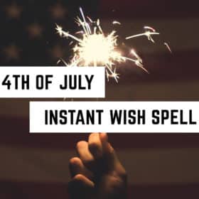 Fourth of July Instant Wish Spell 56 A hand holding a sparkler, with the American flag in the background, overlaid with text "4th of July - instant wish spell," infused with metaphysical energy.