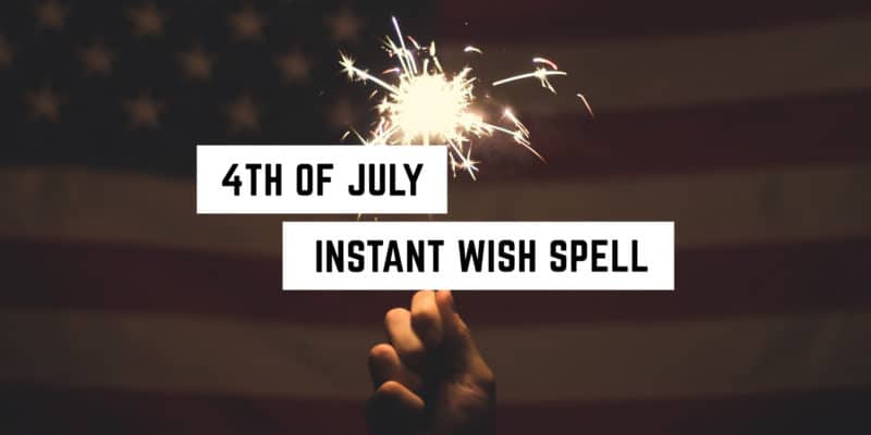 Fourth of July Instant Wish Spell 2 A hand holding a sparkler, with the American flag in the background, overlaid with text "4th of July - instant wish spell," infused with metaphysical energy.