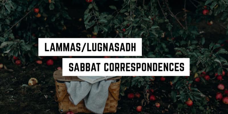 Lammas Sabbat Correspondences 8 A basket of harvested apples at the foot of a tree, with a text overlay indicating a discussion on "Lammas/Lughnasadh sabbat correspondences," for new age product enthusiasts.