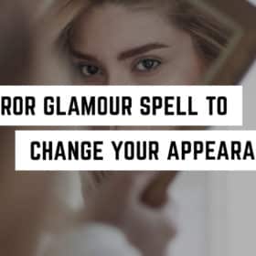 Mirror Glamour Spell to Change Your Appearance 54 A woman reflecting on her beauty in the mirror with text overlay suggesting a magical transformation: "Metaphysical mirror glamour spell to change your appearance.