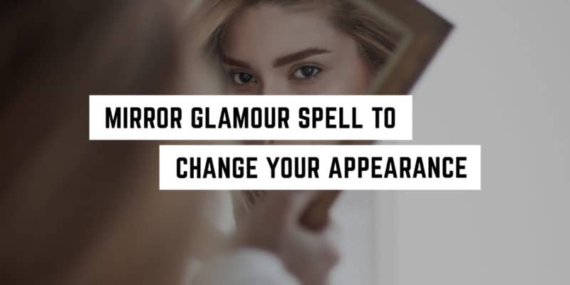 Mirror Glamour Spell to Change Your Appearance 1 A woman reflecting on her beauty in the mirror with text overlay suggesting a magical transformation: "Metaphysical mirror glamour spell to change your appearance.