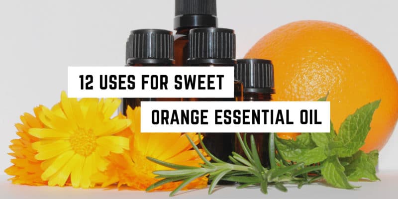 12 Uses for Sweet Orange Essential Oil 2 Bottles of orange essential oil with a fresh orange, green leaves, and a yellow flower, highlighting the various applications of this citrus-scented new age product.