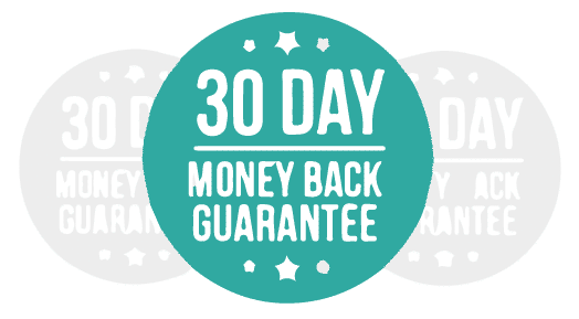 A graphic showcasing a "30-day money-back guarantee" seal of assurance in three overlapping circular badges, promoting consumer confidence and risk-free purchase for a new age product.