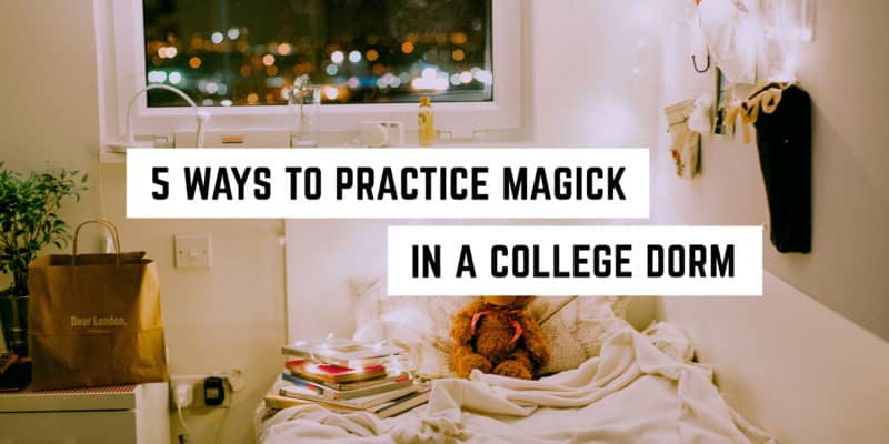 5 Ways to Practice Magick in a College Dorm 4 Cozy college dorm room at night with a view of city lights, adorned with fairy lights and essential student paraphernalia, setting the perfect ambiance for mystical studies in occult metaphysics.