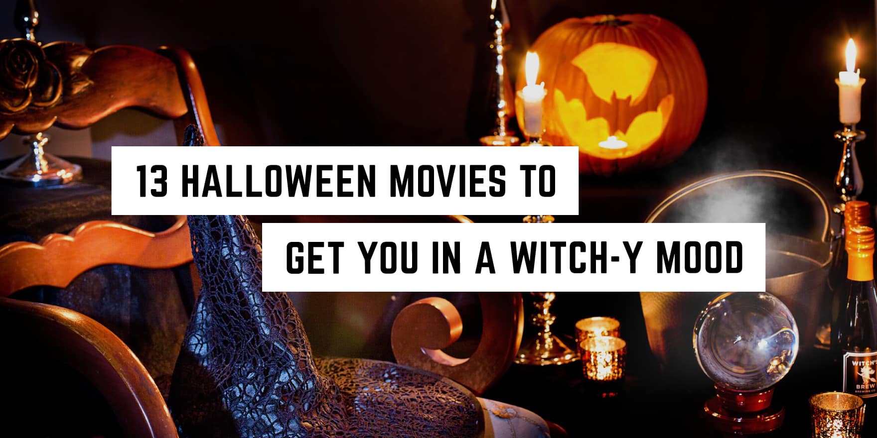 A spooky setup with a carved pumpkin, flickering candles, and an occult crystal ball, inviting you to a bewitching movie marathon with 13 Halloween favorites.