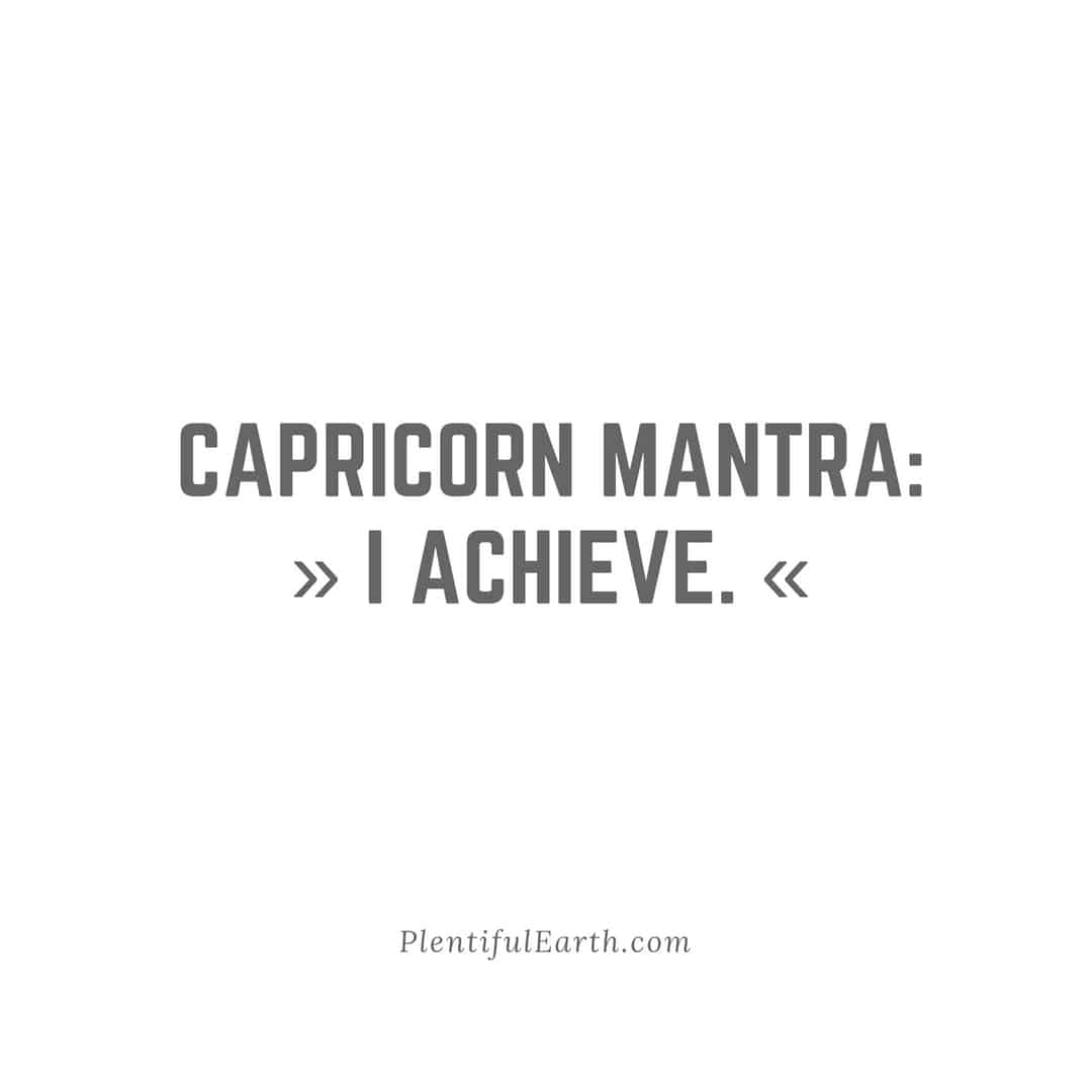 A minimalist motivational image with the text "Capricorn mantra: » I achieve. «" on a plain white background, emphasizing determination, success, and spiritual depth associated with the astrological sign Cap