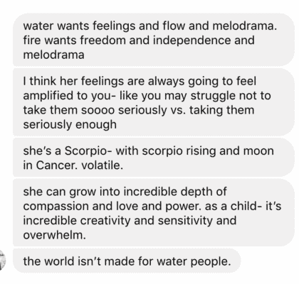 a text message conversation between a mother and astrologer to help with pagan parenting