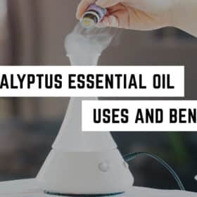 A bottle of essential oil being poured into a diffuser with text overlay "5 witchy eucalyptus essential oil uses and benefits".
