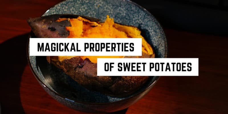 Magickal Correspondences of Sweet Potatoes 7 A baked sweet potato in a bowl with text overlay stating "metaphysical properties of sweet potatoes in the occult.