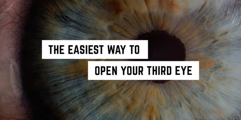 The Easiest Way to Open Your Third Eye 1 Close-up of a blue human iris with text overlay: "The easiest way to open your third eye with our new age product.