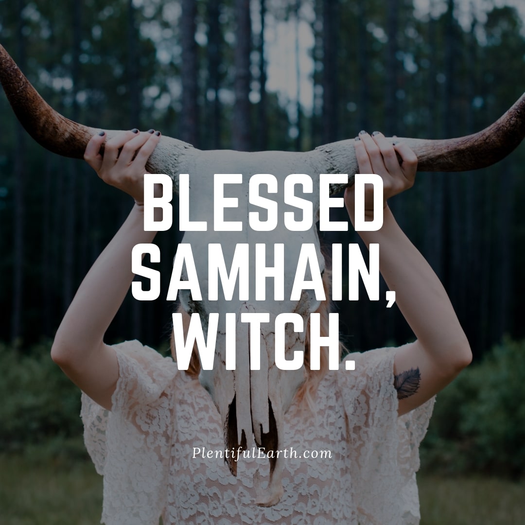 A person holds antlers above their head in a wooded area with the text "blessed Samhain, witch." from plentifulearth.com, your spiritual shop.