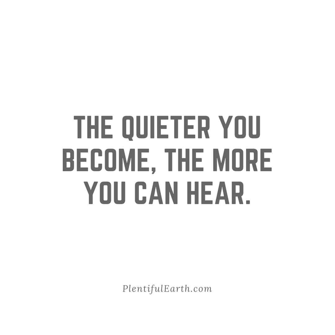Inspirational quote on a simple white background with a spiritual twist: 'The quieter you become, the more you can hear.' - plentifulearth.com.