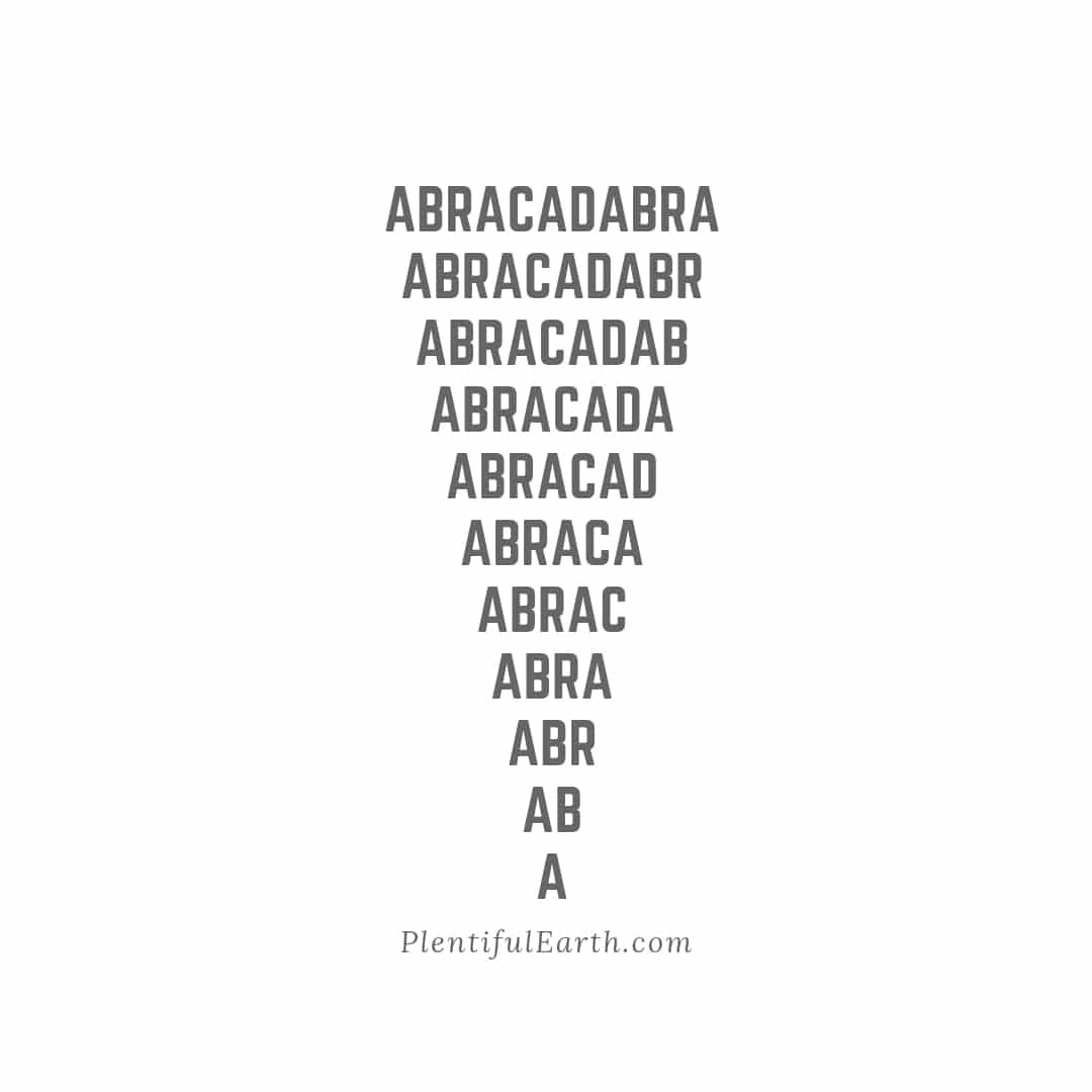 A typographic representation of the word "abracadabra" in a triangular, decreasing pattern, commonly associated with mystical or occult symbolism.